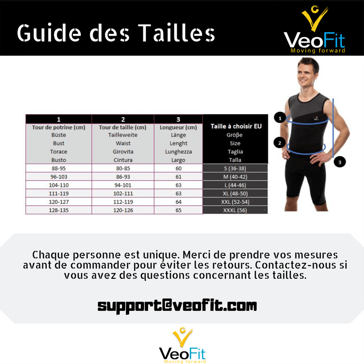 charte tailles veofit top homme